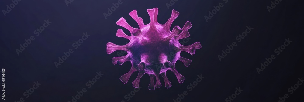 Clean and simple illustration of a virus in purple color floating against a dark background. Generative AI