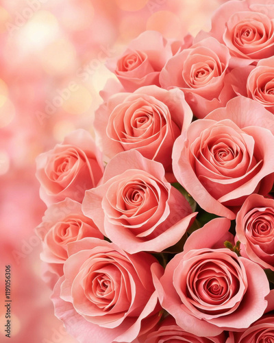 Soft pink roses in full bloom with dreamy bokeh background, evoking romance and elegance