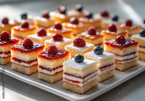 Deliciously decorated layered cakes with raspberry and blueberry toppings arranged artistically on a white platter, perfect for celebration or dessert presentation.