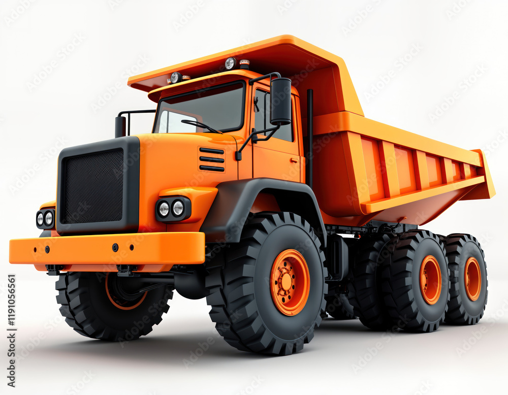 Fototapeta premium Orange articulated dump truck stands on white background. Heavy duty vehicle features large tires. Truck ready for work on construction site. Modern heavy equipment for industrial use. Powerful