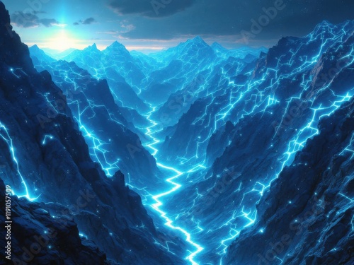 Futuristic Electric Blue Mountain Landscape with Glowing Energy