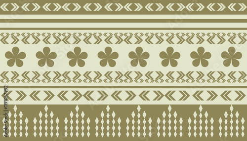 Repeating geometric and floral pattern,flower border embroidery,beige and Olive green.stylized flowers, diamonds,arrow motifs. Suitable for textile prints, backgrounds,wallpaper,neckline design ethnic