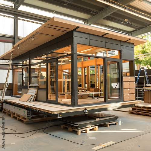A modern, prefabricated tiny house is shown during construction inside a factory. Large glass windows and a dark exterior are visible. Surrounding materials and pallets indicate an active build site.