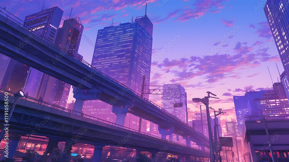 A high-tech city street scene in anime style, with a cool purple sky and detailed architectural elements.