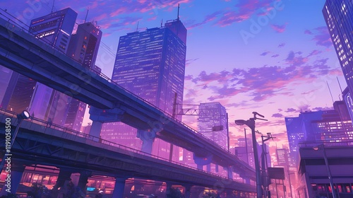 Obraz na płótnie A high-tech city street scene in anime style, with a cool purple sky and detailed architectural elements. w salonie