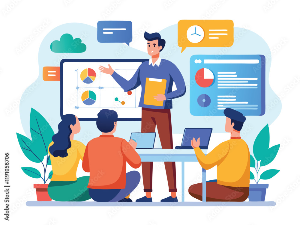 Obraz premium AI Generated image of a team leader in a corporate setting, reviewing survey feedback results on an interactive screen with a team in a collaborative meeting.