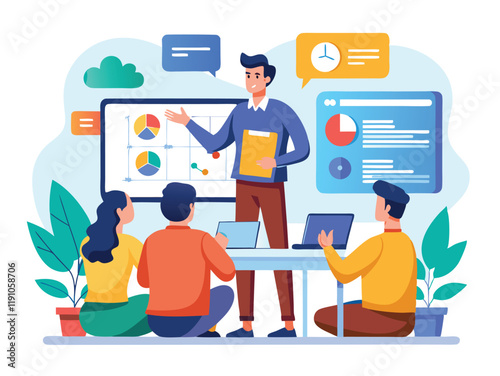 AI Generated image of a team leader in a corporate setting, reviewing survey feedback results on an interactive screen with a team in a collaborative meeting.