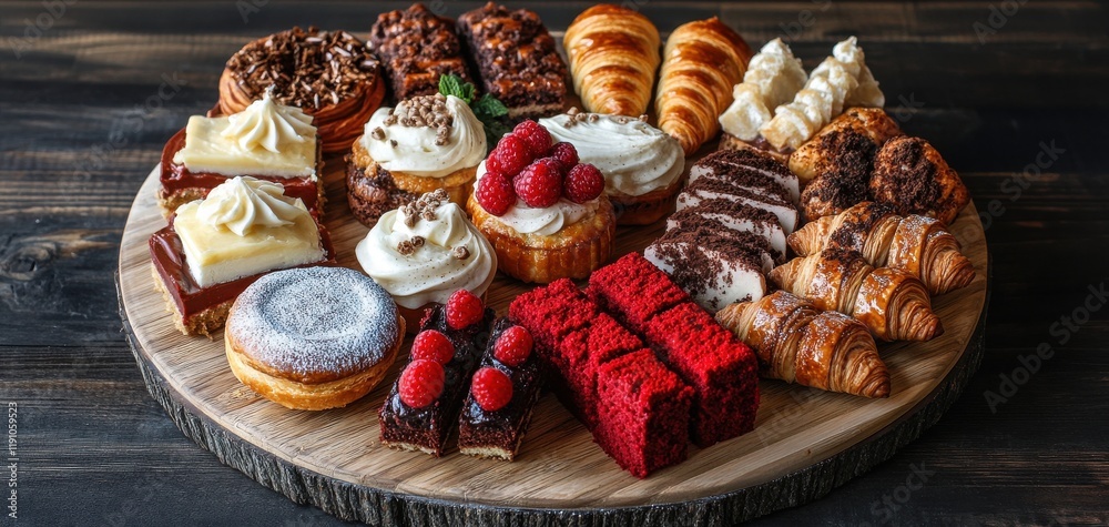 Delightful Assortment of Fresh Pastries and Desserts on a Wooden Platter Featuring Croissants, Tarts, Cakes, Cupcakes, and Berries in an Elegant Presentation