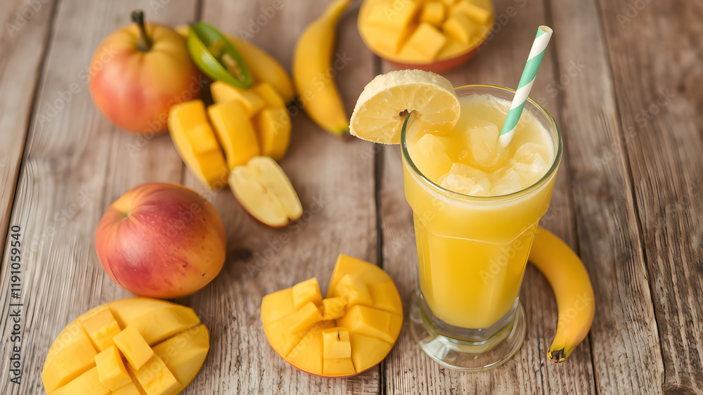 a glass of orange juice with a garnish of fruit around it on a wooden table with leaves, Ay-O, rayonism, professional food photography, a stock photo a glass of orange juice with a garnish of fruit around it on a wooden table with leaves, Ay-O, rayonism, professional food photography, a stock photo