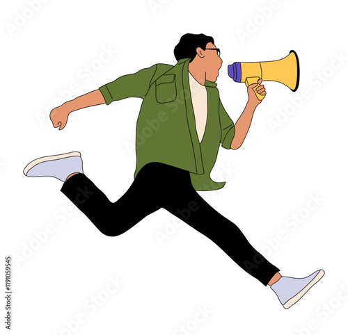 Running Young business man shouting through megaphone, loudspeaker. Advertisement, marketing, promotion, sale concept. Outline vector colored illustration isolated