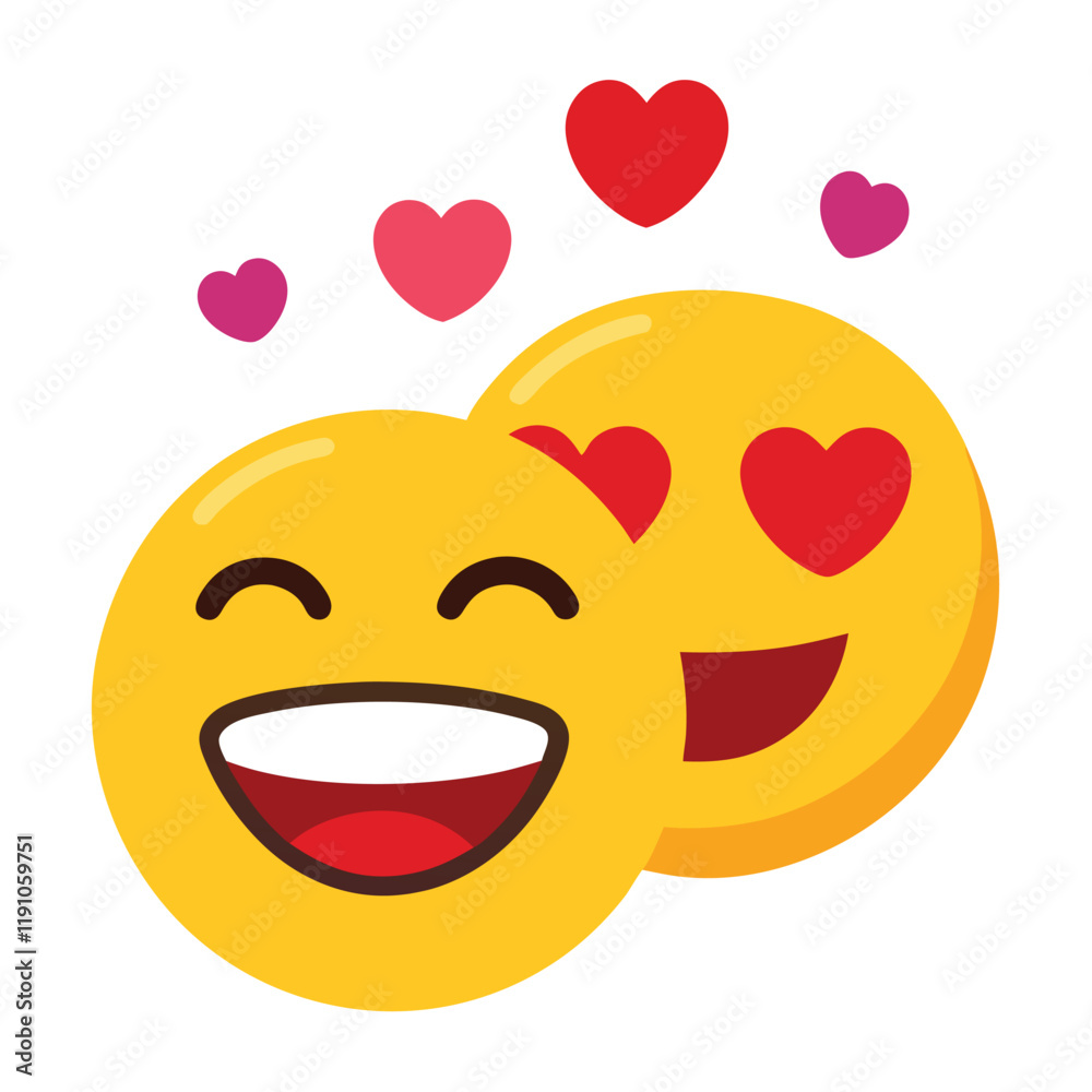 Fototapeta premium Yellow romantic cute couple emoji smiling face with heart-eyes showing teeth surrounded by red hearts design icon sign silhouette vector illustration on white background
