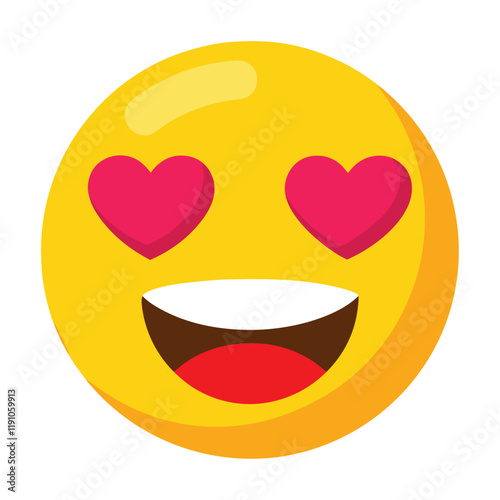 Yellow romantic cute emoji smiling face with heart-eyes showing teeth surrounded by red hearts design icon sign silhouette vector illustration on white background