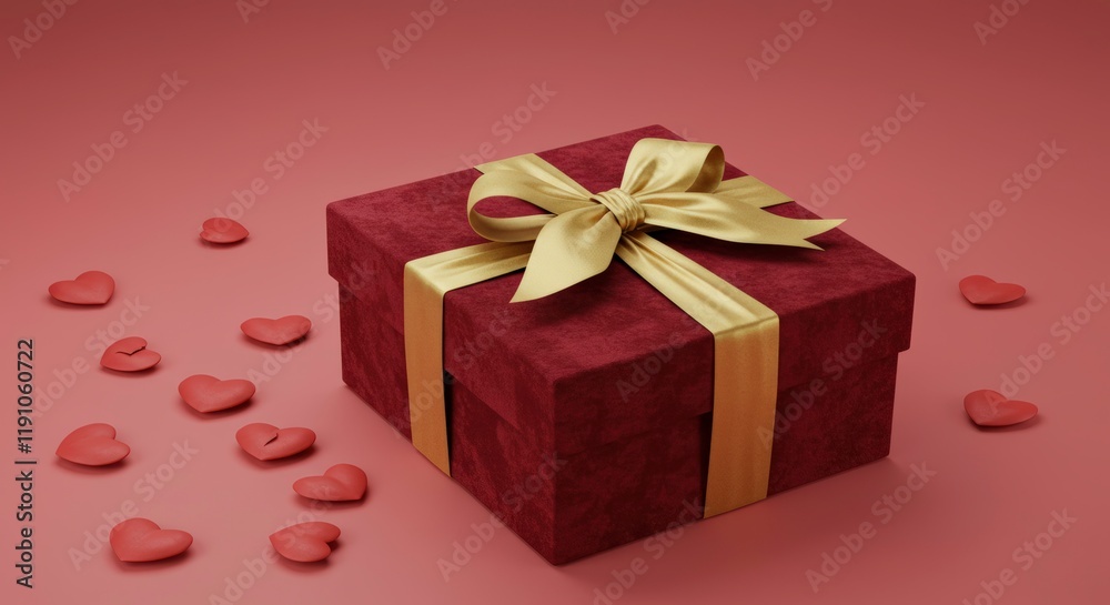 Fototapeta premium Wrapped with Love: A ruby-red gift box, adorned with a golden bow, surrounded by heart-shaped candies, set against a matching backdrop.