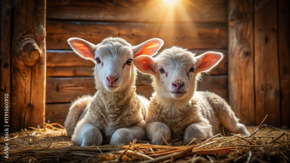 Fototapeta premium Spring Lambs in Rustic Barn - Adorable Newborn Farm Animals