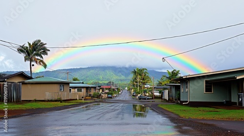 Vibrant Rainbow Over a Quiet Neighborhood Street with Reflective Wet Road photo