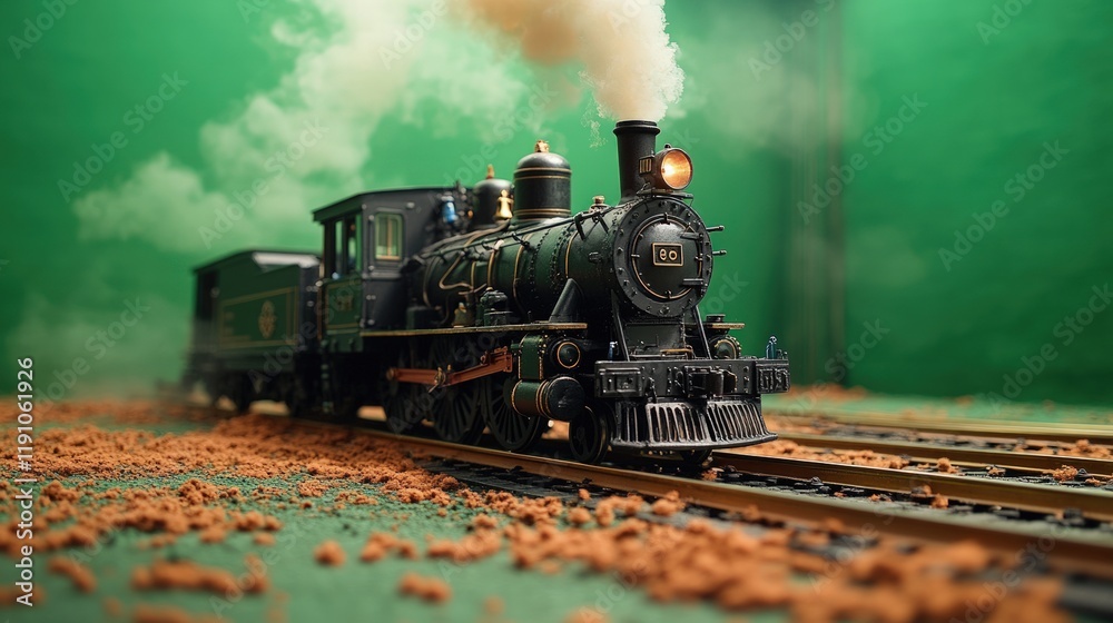 Fototapeta premium Model train steaming on tracks, green background.