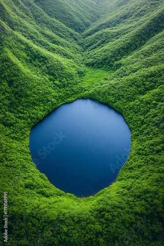 Aerial view of a crater lake in lush forest