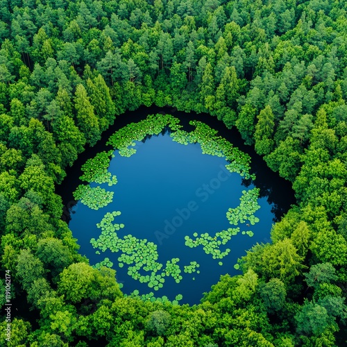 Aerial view of a serene forest lake
