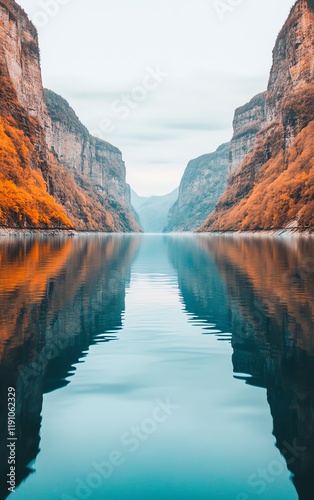 Serene fjord reflection, autumn colors