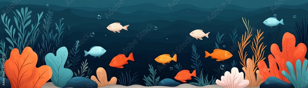 Tranquil ecosystem with aquatic life thriving in a peaceful habitat, flat design illustration Tranquil ecosystem with aquatic life thriving in a peaceful habitat, flat design illustration