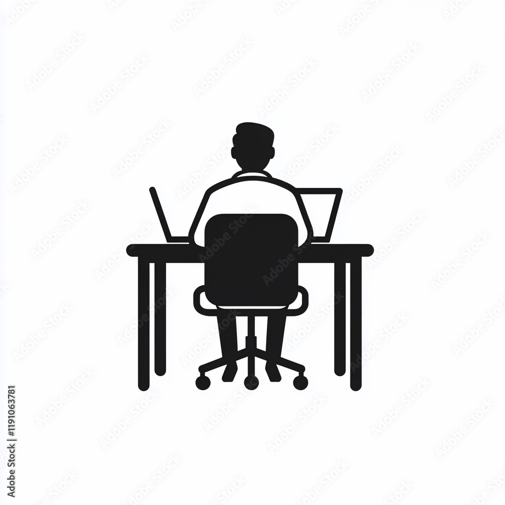 Person Working at Desk with Laptops, Back View, Simple Icon Person Working at Desk with Laptops, Back View, Simple Icon