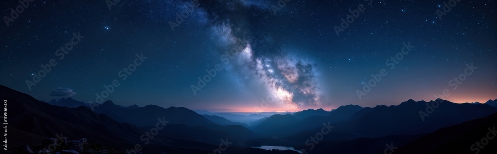 Milky way galaxy shines above dark mountains at night. Night sky full of stars. Dark blue, purple colors. Scenic view of mountains landscape. Cosmic view. Amazing natural night scenery. Milky way galaxy shines above dark mountains at night. Night sky full of stars. Dark blue, purple colors. Scenic view of mountains landscape. Cosmic view. Amazing natural night scenery.