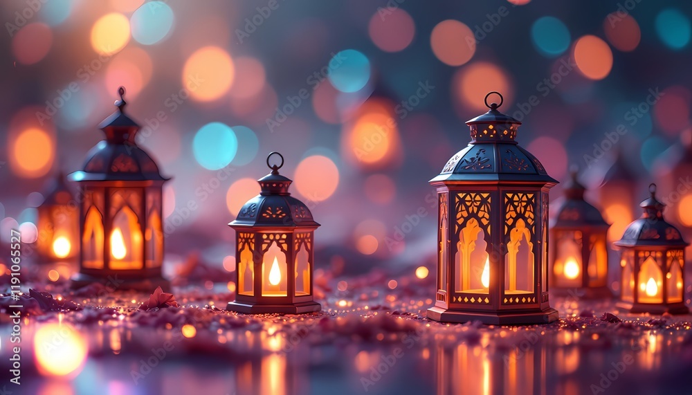 Fototapeta premium Glowing Lanterns: A Festive, Romantic, and Magical Night Scene