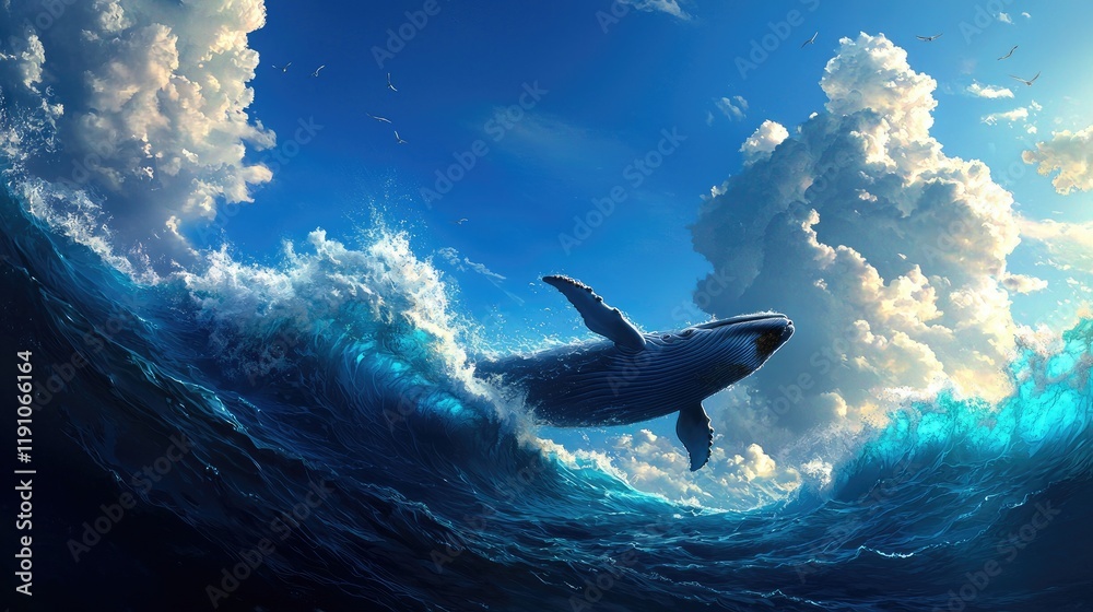 Fototapeta premium Majestic Whale Breaching in Vibrant Ocean Waves Under Blue Sky