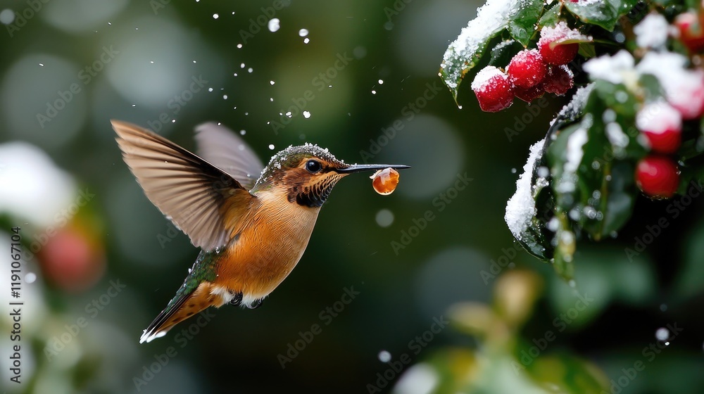 Fototapeta premium Vibrant Hummingbird Feeding on Red Berry in Winter Snowfall