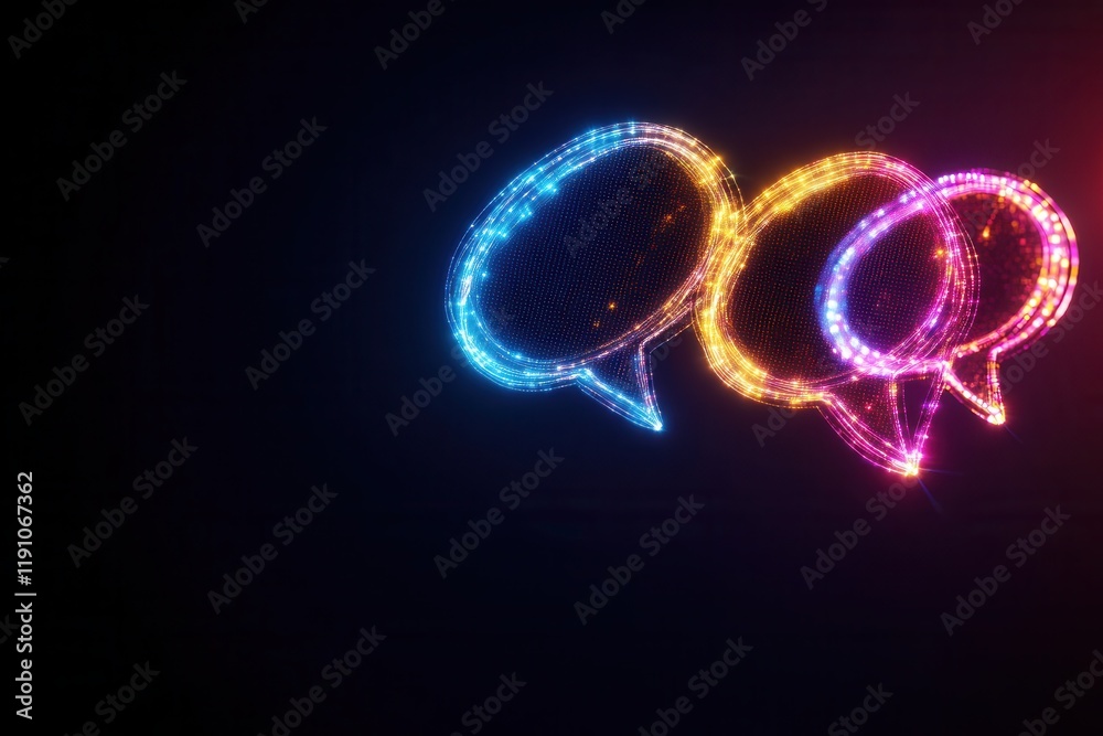 Obraz premium Speech bubbles filled with colorful gradients of light, floating against a digital pixelated rainbow background