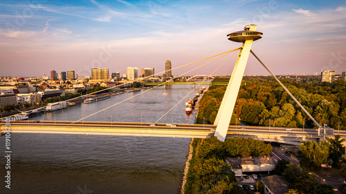 Canvas Print sunset over the bridge, UFO, castle, Bratislava, Slovakia