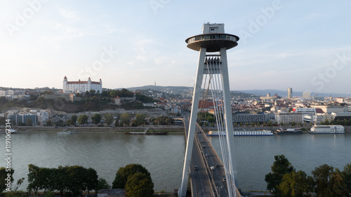 Photography sunset over the bridge, UFO, castle, Bratislava, Slovakia