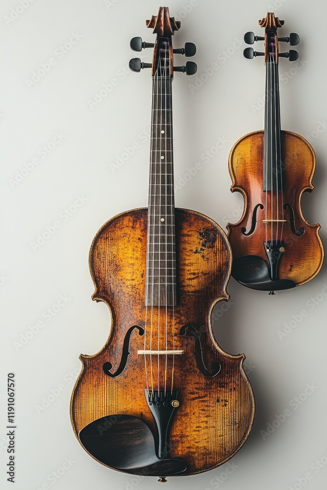 Naklejka premium Two antique violins, aged wood, elegant design.