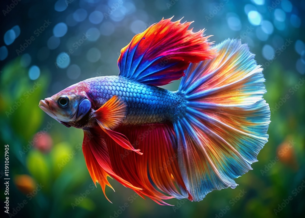 Stunning Double Tail Halfmoon Betta Fish in Vibrant Colors, Rule of Thirds Composition Stunning Double Tail Halfmoon Betta Fish in Vibrant Colors, Rule of Thirds Composition