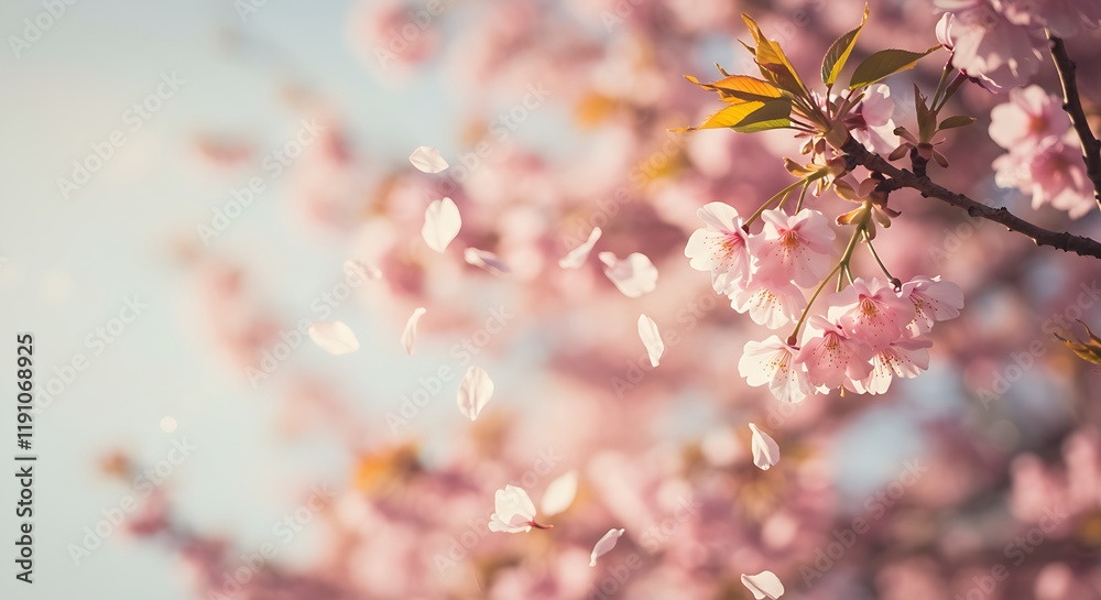 A blooming cherry blossom branch with petals falling gracefully to the ground. A blooming cherry blossom branch with petals falling gracefully to the ground.