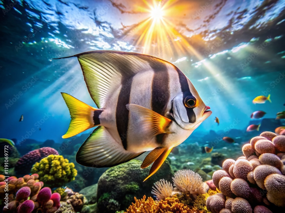 Stunning Spadefish on Vibrant Coral Reef with Bokeh - Tropical Fish Stock Photo Stunning Spadefish on Vibrant Coral Reef with Bokeh - Tropical Fish Stock Photo