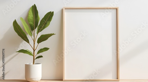 A mockup of a poster with a green plant and wooden frames set against a white backdrop, showcasing simplicity and elegance