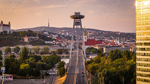 sunset over the bridge, UFO, castle, Bratislava, Slovakia