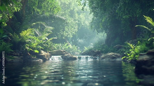 A serene jungle scene featuring a tranquil stream and lush greenery.
