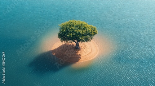 A solitary tree on a small sandy island surrounded by tranquil blue water.