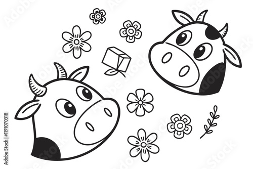 cow faces, simple cartoon style, black and white, minimalist design, bovine icons, cute animal illustrations, symmetrical composition, graphic design elements, logo inspiration, farm animal motif, vec