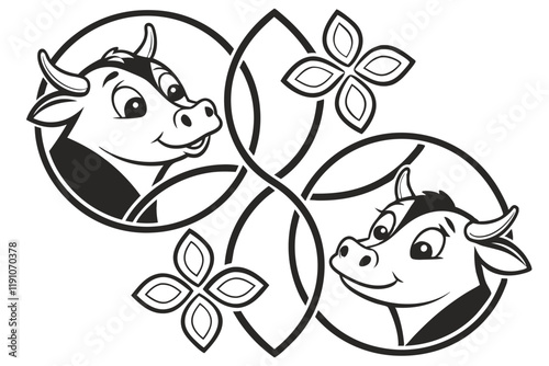 cow faces, simple cartoon style, black and white, minimalist design, bovine icons, cute animal illustrations, symmetrical composition, graphic design elements, logo inspiration, farm animal motif, vec