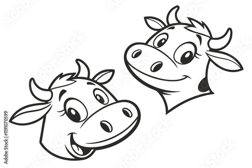 cow faces, simple cartoon style, black and white, minimalist design, bovine icons, cute animal illustrations, symmetrical composition, graphic design elements, logo inspiration, farm animal motif, vec