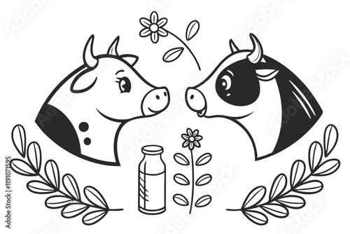 cow faces, simple cartoon style, black and white, minimalist design, bovine icons, cute animal illustrations, symmetrical composition, graphic design elements, logo inspiration, farm animal motif, vec