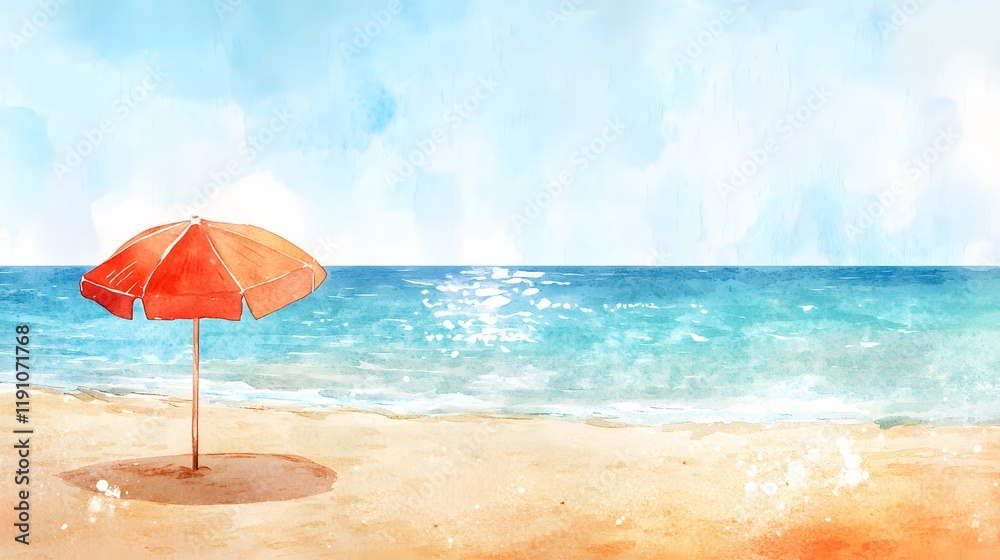 Fototapeta premium Watercolor Painting of a Beach Umbrella and Ocean