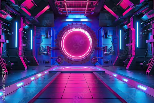 Detailed Image of Cyberpunk SciFi Podium Showcase with Blue Purple and Pink Background