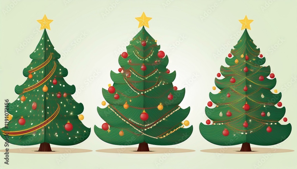Christmas tree in 3 different situations. Christmas tree and holiday gifts. Fir-tree decorations Christmas tree in 3 different situations. Christmas tree and holiday gifts. Fir-tree decorations