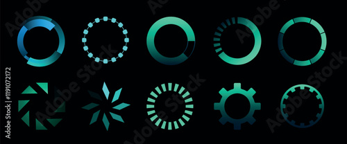 A versatile set of loading icons featuring spinning circles, geometric shapes, and progress indicators. Designed for modern apps, websites, and infographics, these vector elements convey motion