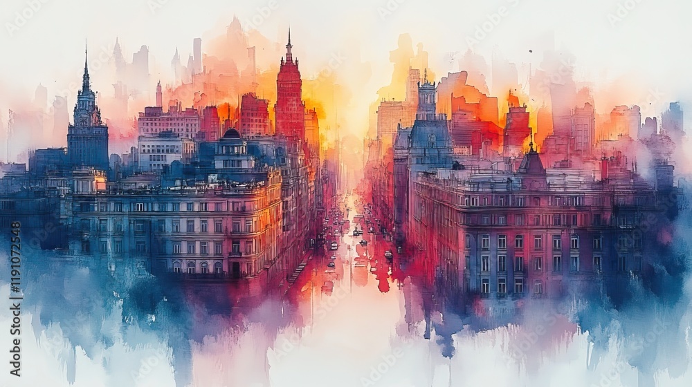 Fototapeta premium Watercolor sketch of city buildings, creating a soft and abstract painting of urban architecture