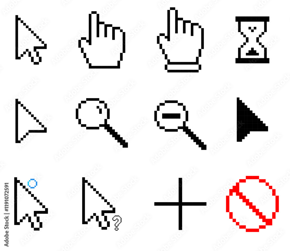 Collection of pixel art computer cursor icons, Cursor icon set, cursor pointers, cursor mouse icon set, zooming icon set, arrow, hourglass, loading cursor, cursors for retro games, pixel art.
